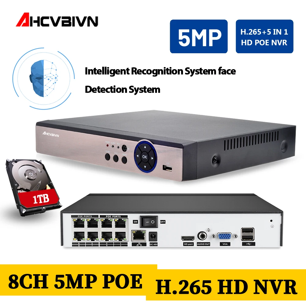 AHCVBIVN 8CH 5MP сетевой POE NVR видео рекордер 8CH 5MP NVR для видеонаблюдения ip-камера система Onvif P2P вид 1 ТБ HD