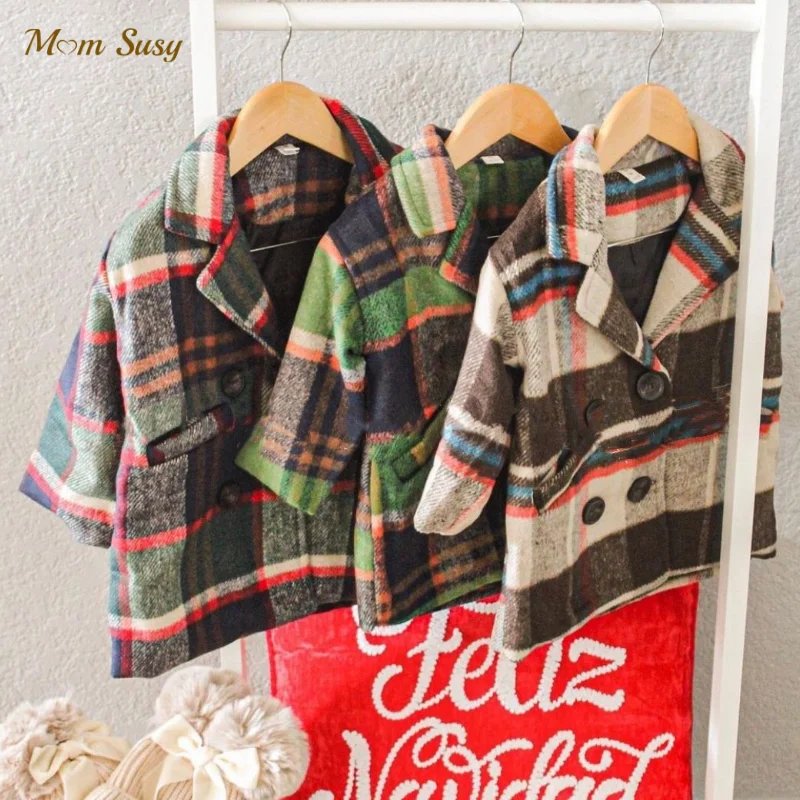 

Baby Boy Girl Woolen Jacket Plaid Warm Infant Toddle Lapel Tweed Coat Spring Autumn Winter Baby Outwear Clothes 1-5Y