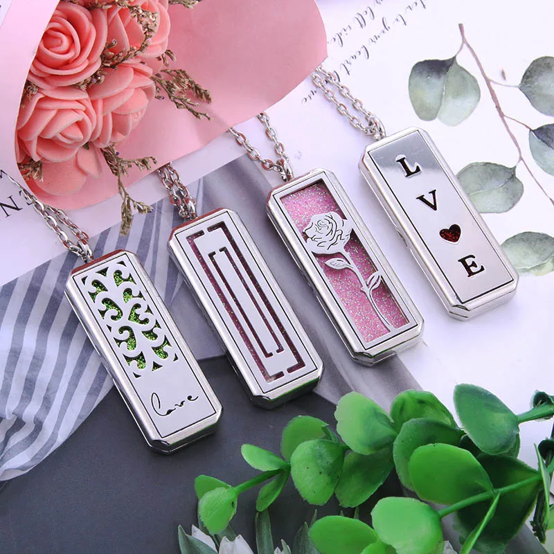 

New rectangle Stainless Steel Rose flower Aromatherapy locket Perfume Essential Oil Diffuser Pendant Necklace girl fashion gift