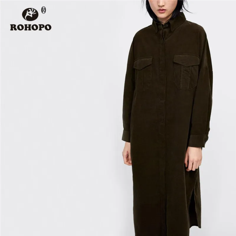 

ROHOPO Turn Down Collar Corduroy Army Green Midi Dress Buttons Fly Ribbed Flape Patch Pockets Round Split Hem Vestido #2571