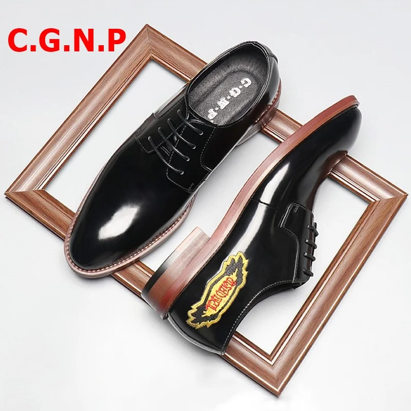 

C.G.N.P New Arrival Patent Leather Shoes Men Business Casual Shoes Embroidery Dress Shoes Lace-up British Formal Shoes For Men