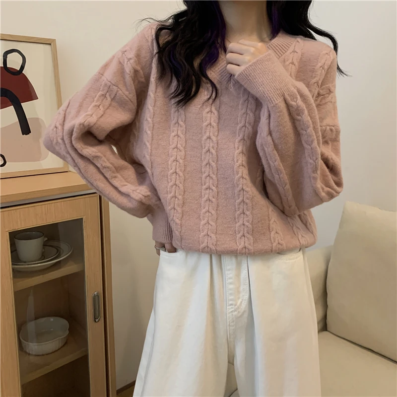 Autumn Winter Women Knitted Sweaters Warm Pullover And Jumpers V-neck Pullover Twist Pull Jumpers Knitted Sweaters