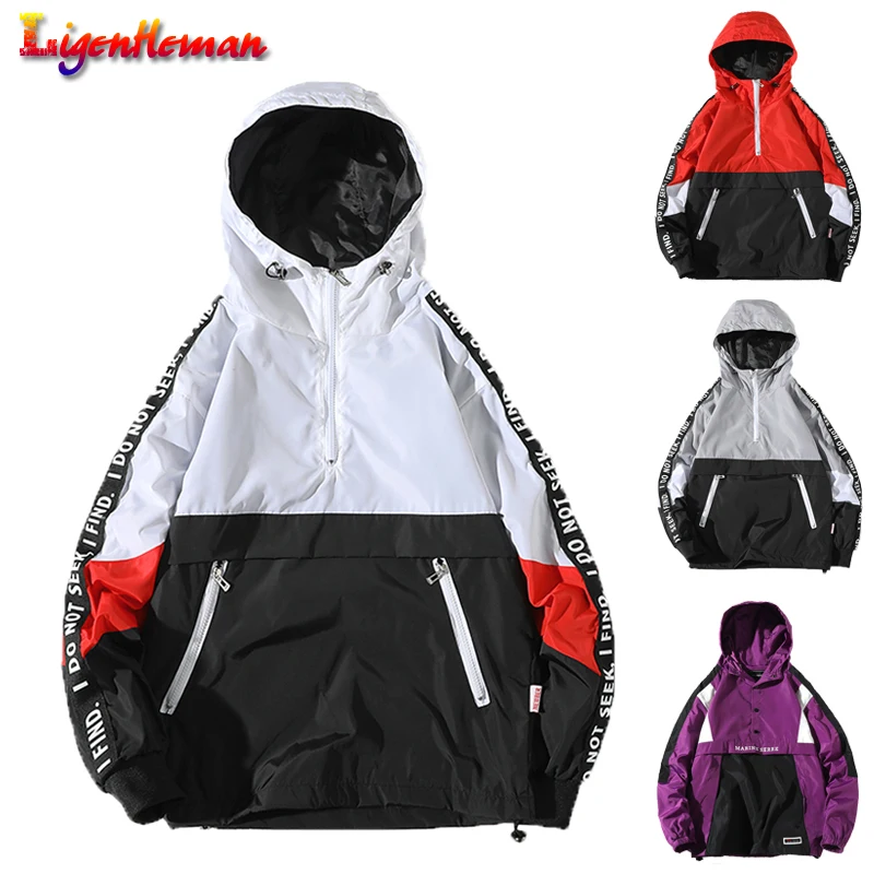 

Men Fashion Coat Autumn Winter Loose zipper Hip Hop Windbreaker Men Female Hooded Jackets Patchwork Color Block Pullover Jacket