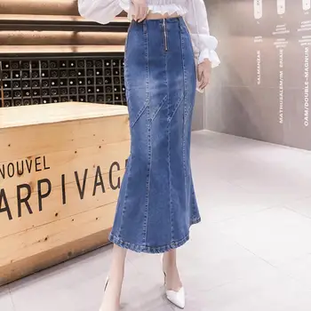 

Fish Tail Denim Skirt Women Mermaid Trumpet Long Skirt Calf-Length Zipper Empire High Waist Jeans skirt plus size 2xl r2073