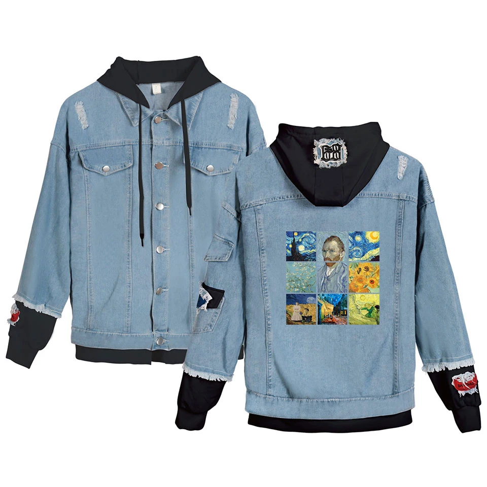 

2019 Van Gogh And Mona Lisa graphic Jeans Jackets Women/Men Streetwear Denim Jackets Hoodie Hip Hop Bomber Jackets Autumn Winter
