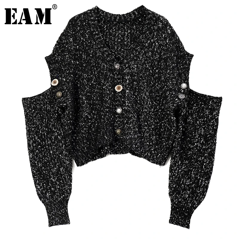 

[EAM] Black Hollow Out Split Knitting Cardigan Sweater Loose Fit V-Neck Long Sleeve Women New Fashion Tide Spring 2020 1R744
