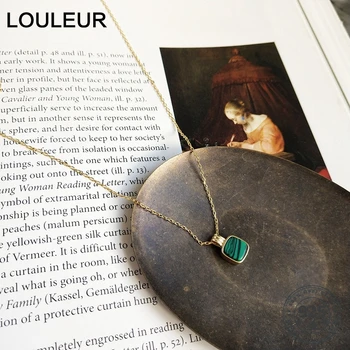 

LouLeur Real 925 Sterling Silver Veins Square Pendant Turquoise Necklace Fashion Gold Gemstone Necklace for Women fine jewelry