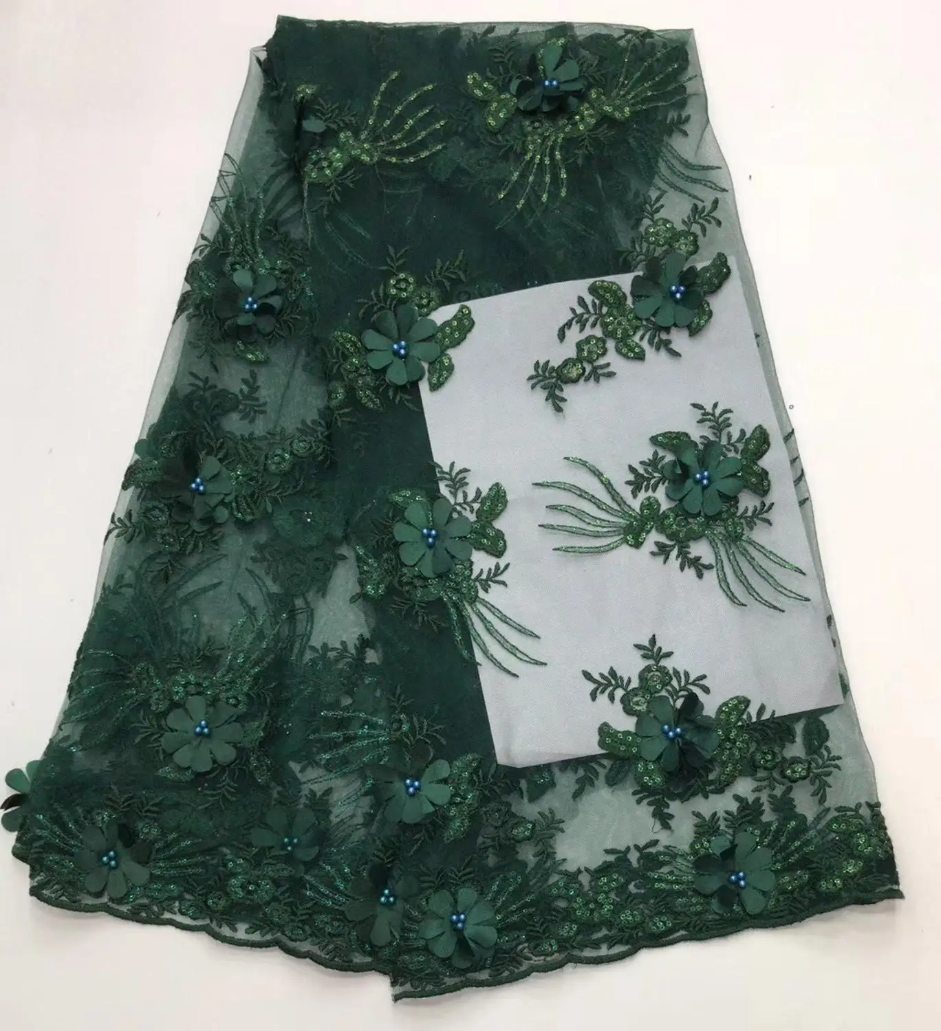 

1 yard green 3D lace fabric with flowers, bridal lace fabric, blue lace fabric for haute couture dress, mesh lace fabric