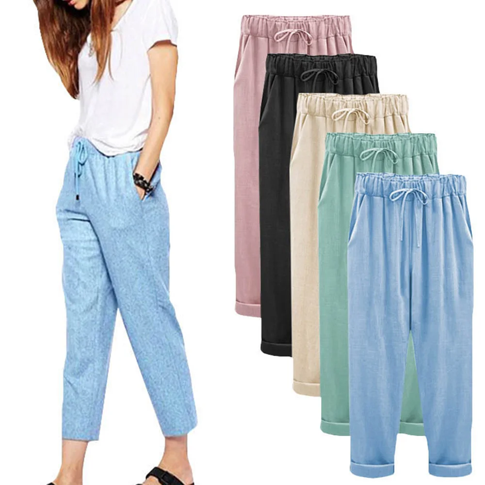 

Women Casual Thin Loose Pants Solid Elastic Waist Pants Autumn Spring Female Bow Tie Drawstring Multi-Colors Trousers 6XL