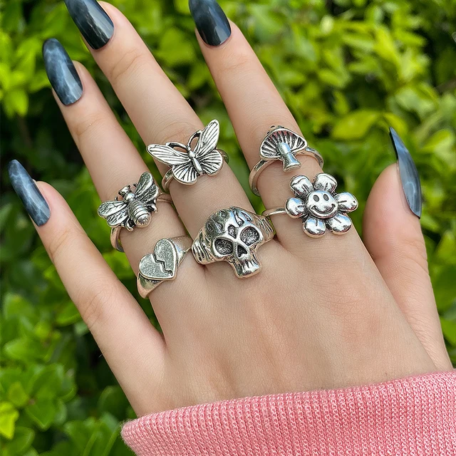 6Pcs Vintage Gothic Butterfly Angle Flower Multi Element Ring Set For Women Men Retro Personality Finger Ring Gifts LY54707