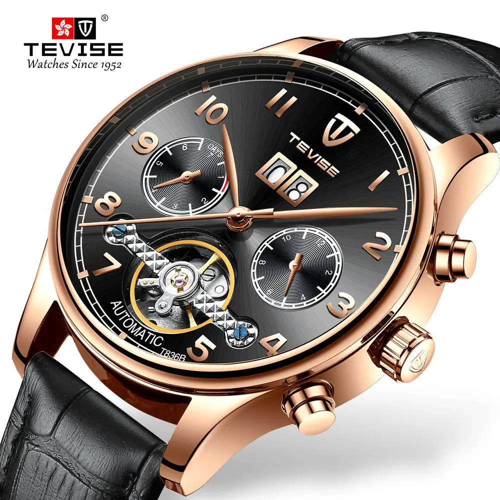 

New TEVISE Black Dial Men Watch Luxury Mechanical Self-wind Automatic watch Wristwatch Sport Leather Clock Relogio for Gift