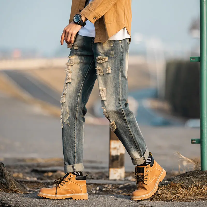 

Men's jeans 2020 spring and summer new retro solid color hole slim fit jeans young personality fashion trend men's clothing