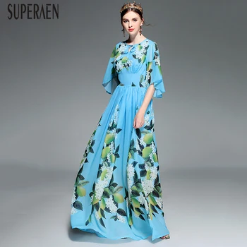 

SuperAen 2020 Spring New Women's Long Dress Europe Fashion Round Neck Ladies Dress Half Sleeve Women Clothing