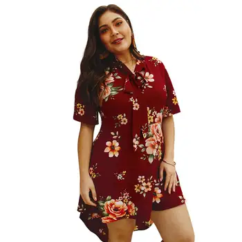 

Casual Vacation Street Party Wear Short Regular Sleeve Floral Print Fat Skirt Women Plus Size Dress