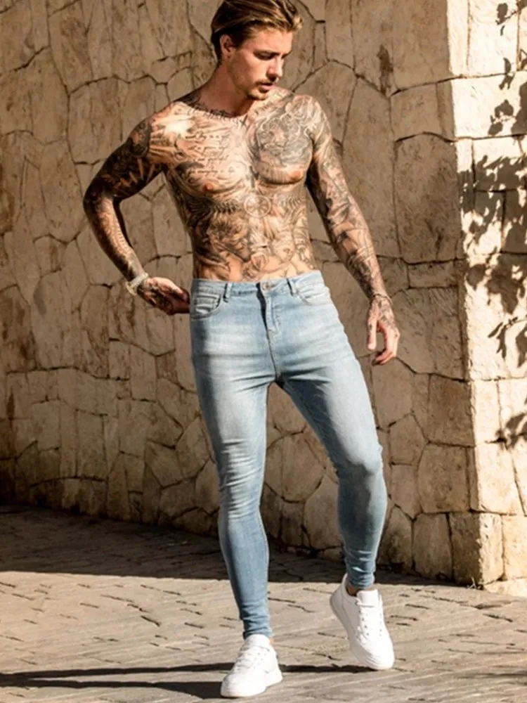 

Pure Color Restoring Ancient Ways Jeans Men Fashion Washed Denim Pants Men's Slim Stretch Biker Jeans Male Pencil Denim Trouser