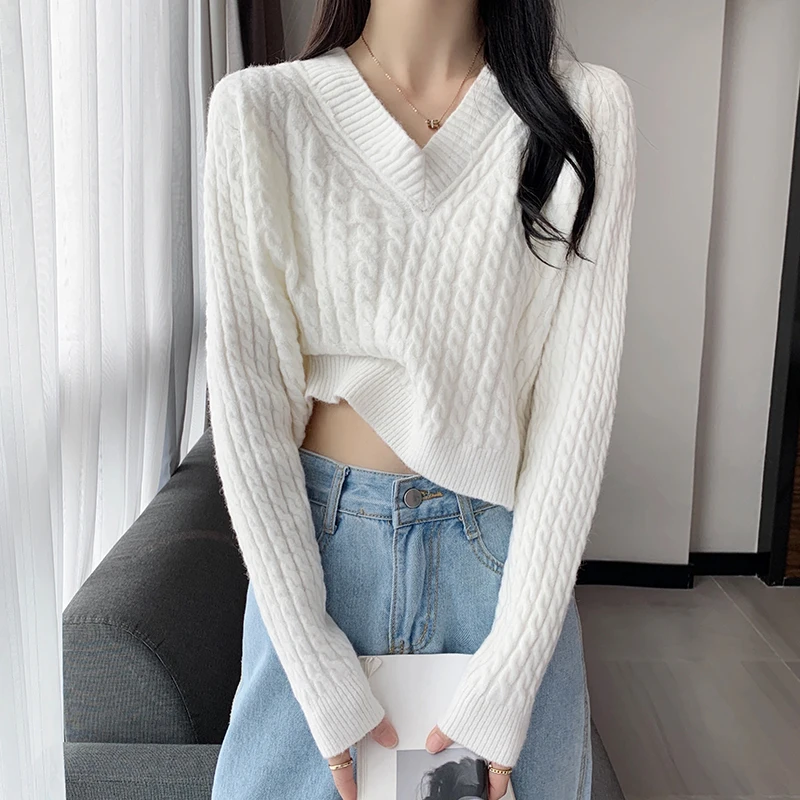 

Женский трикотажный пуловер оверсайз, свитер с v-образным вырезом и длинным рукавом, женский свободный пуловер осень-зима 2021