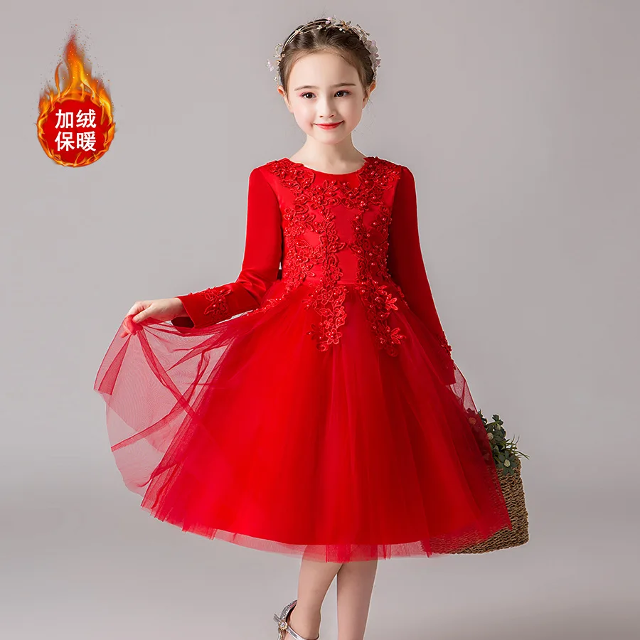 red-Plus velvet Платье принцессы для девочек, платье, новые корейские детские костюмы с длинными рукавами на осень и зиму - Цвет: red-Plus velvet