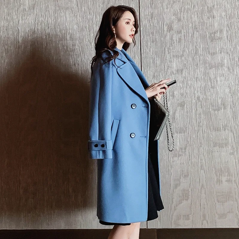 Осенне-зимнее офисное длинное пальто женская тонкая куртка с карманами шерстяное пальто женские модные элегантные куртки синие пальто Топы