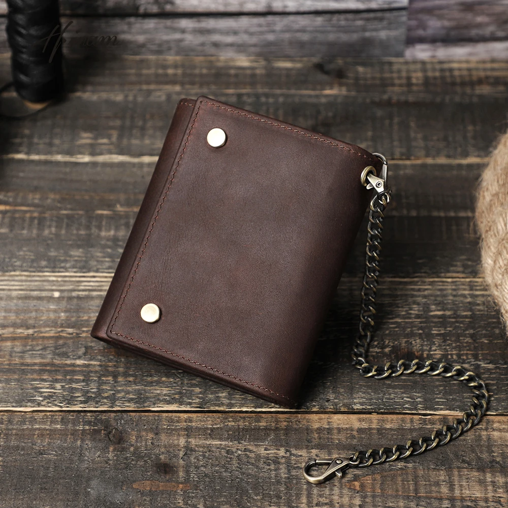 Men Wallets Genuine Leather Short Card Holder Chain Men Purse