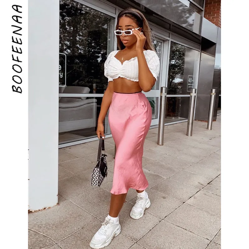 

BOOFEENAA Elegant Sexy Satin Silk High Waist Long Skirt 2019 Fashion Casual A Line Skirts Womens Pink Yellow Black C70-H72