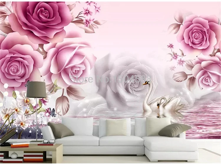 Пользовательские Настенные обои 3D романтичный розовый цветок Лебединое озеро пейзаж Фреска гостиная спальня домашний декор Papel де Parede