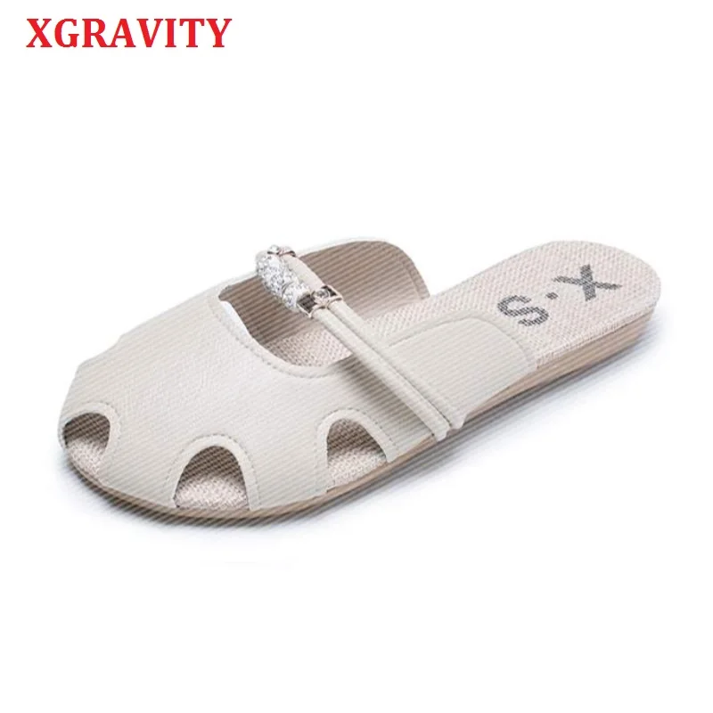 XGRAVITY/летние туфли на плоской подошве в Корейском стиле Модные дамские шлепанцы с