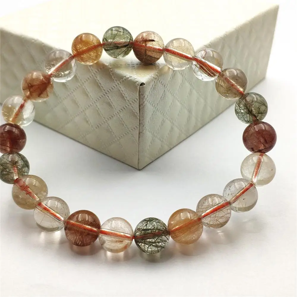 

Natural Colorful Rutilated Quartz Crystal Gold Red Green Copper Bracelet Women Men 9mm Gift Round Beads Stone Jewelry AAAAA