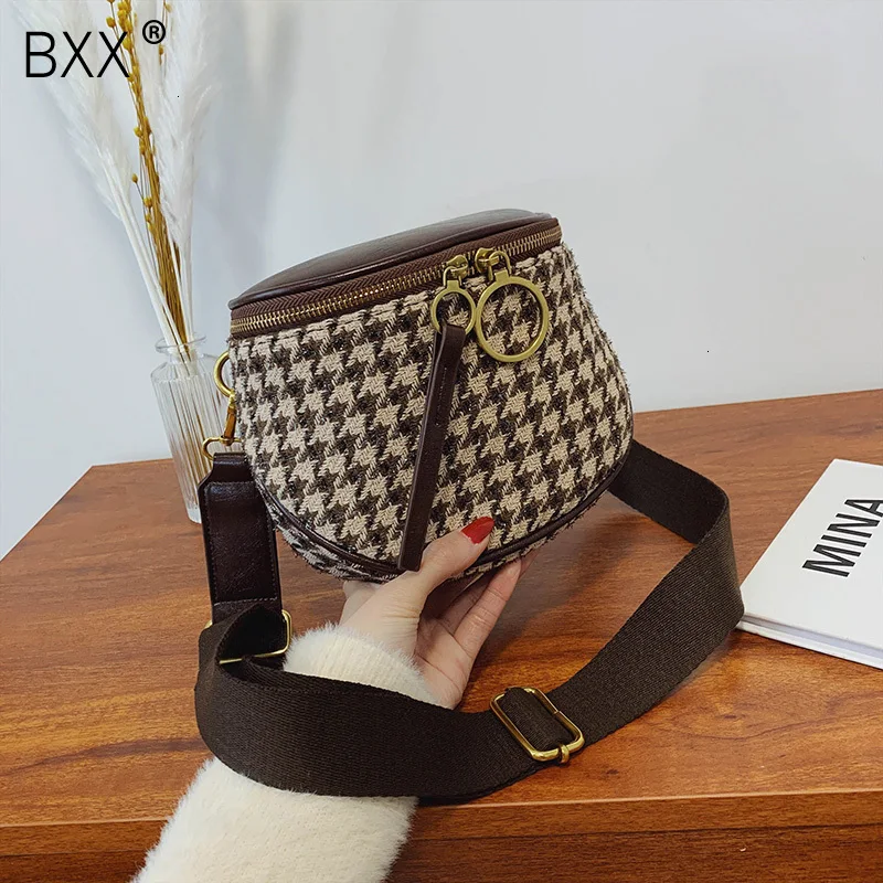 

[BXX] Vintage Plaid Wool Saddle Bags For Women 2020 Fashion Crossbody Messenger Chest Bag Lady Travel Handbags and Purses a261