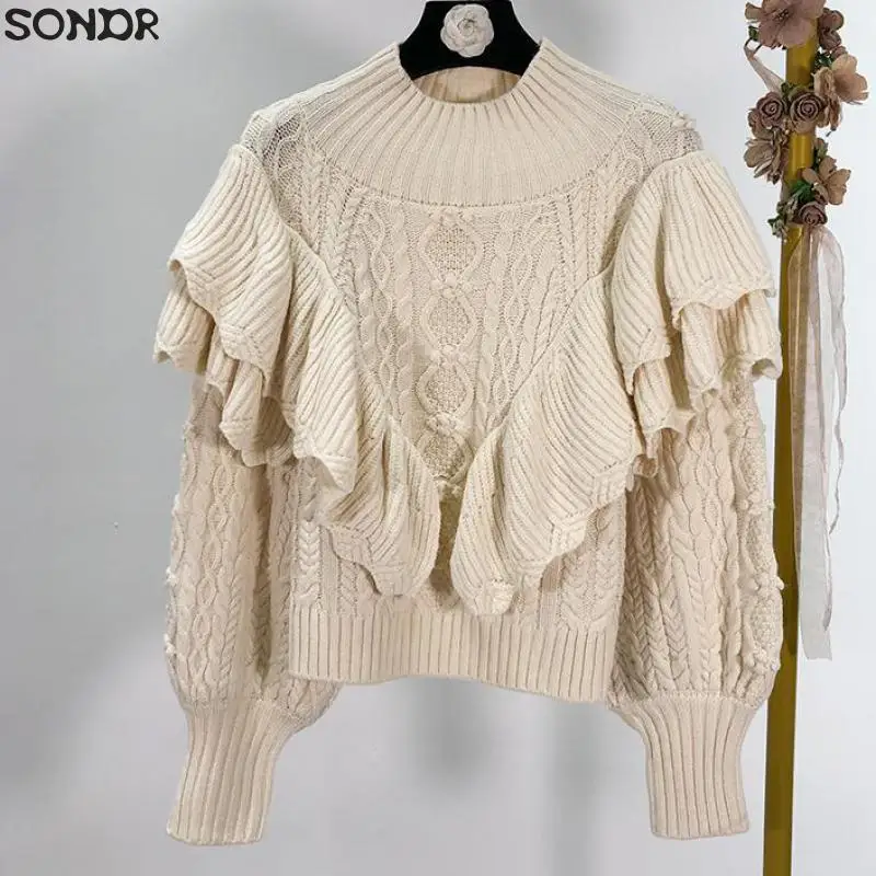 

Sondr Women Fashion Turtleneck Knitted Sweater Lantern Sleeve Stretchy Ruffles Beige Pullovers Female Stylish Solid Tops T698