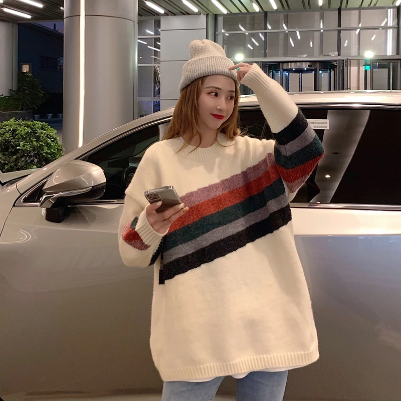 

Ladies Sweater 2020 Lazy Ins Korean Version Loose Contrast Color Design Sense Rainbow Strip Loose Pullover Sweater Women
