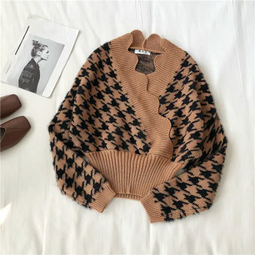 Neploe Contrast Color Plaid Pullover Sweater Cross Ruffle V-neck Knitwear Autumn Winter Sweet Slim Waist Pull Jumpers 56393 - Цвет: brown