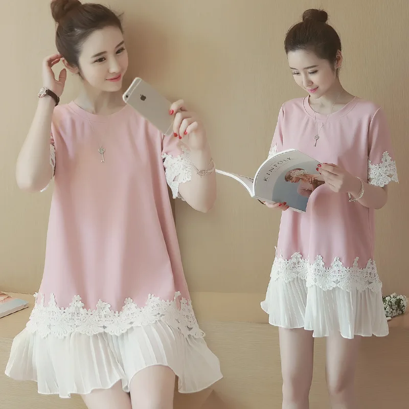 

2017 Spring And Summer New Style Maternity Clothes Korean-style Crochet Lace Spell Pleated Flounced Slimming Pregnant Women Dres