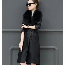 Зимнее кожаное пальто для женщин с начесом и толстым мехом средней длины в Корейском стиле стиль приталенное Облегающее с большим мехом