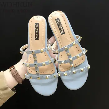 

Summer Slippers Women All-match Cut-Outs Retro Rivet Female Slipper Outdoor Womens Solid Flat Slides Trendy Chic Korean Leisure