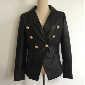 

Newest Fall Winter 2019 Designer Blazer Jacket Women's Lion Metal Buttons Double Breasted Synthetic Leather Blazer Overcoat