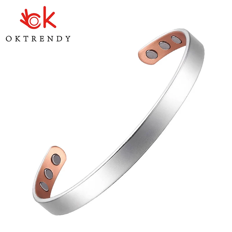 

Oktrendy Pure Copper Bracelet Magnetic For Men Women Cuff 8mm Adjustable Bangle Health Energy Bright Silver Color Copper Bangles