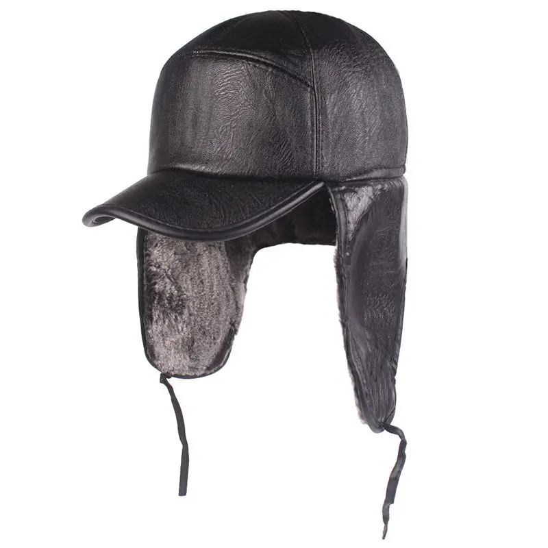 Leather Cap Men's Earmuffs Winter Leather Hat Warm Plus Velvet Ear Protector Cap Locomotive Middle-Aged Lei Feng Hat