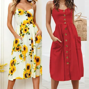 

Women Strap Print Floral Summer Dress Dot Long Boho Beach Dresses Button 2019 Sundress Casual Loose Robe Femme Maxi Vintage