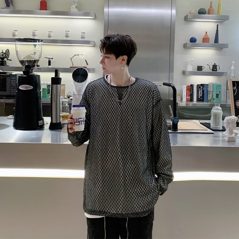 

Men's Long Sleeve T-Shirt Spring And Autumn New Style Yamamoto Hair Stylist Show Runway Mesh Leisure Loose Large Size T-Shirt