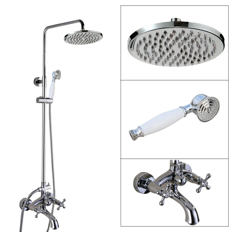

Polished Chrome Brass Dual Cross Handles Wall Mounted Bathroom 8" Round Rain Shower Head Faucet Set Bath Tub Mixer Taps mcy351