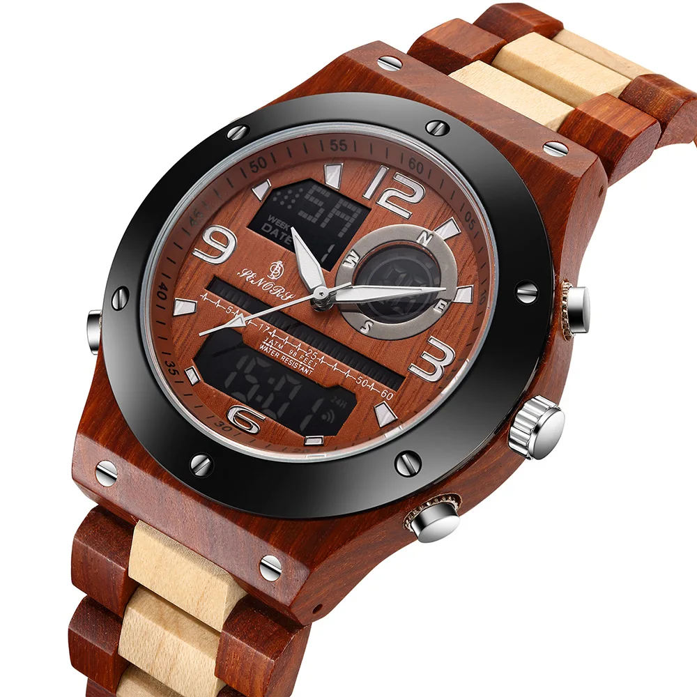 

Wooden Watch Ebony Multi-functional Electronic Quartz Dual Display MEN'S Watch Wood Table