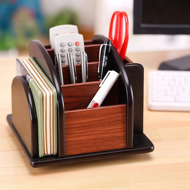 

6-Compartment Wood Rotating Remote Caddy Desktop Office Supply Organizer Holder Desktop Storage Rack