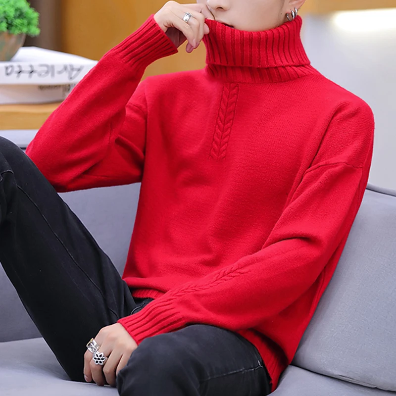Осень однотонный цветной джемпер мужской водолазка зимний свитер высокая эластичность Тонкий пуловер мужской трикотаж Мужская одежда 7873 - Цвет: 5021 Red