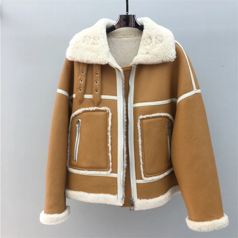 

2022 New Double Faced Real Coat Winter Jacket Women Warm Genuine Leather Natural Sheep Fur Outerwear Locomotive