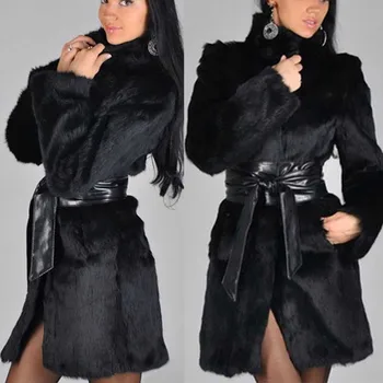 

Fashion Winter coat luxury high quanlity Plus Size warm Solid Long Sleeve Fur Neck Belt Pockets Coat Jacket @9
