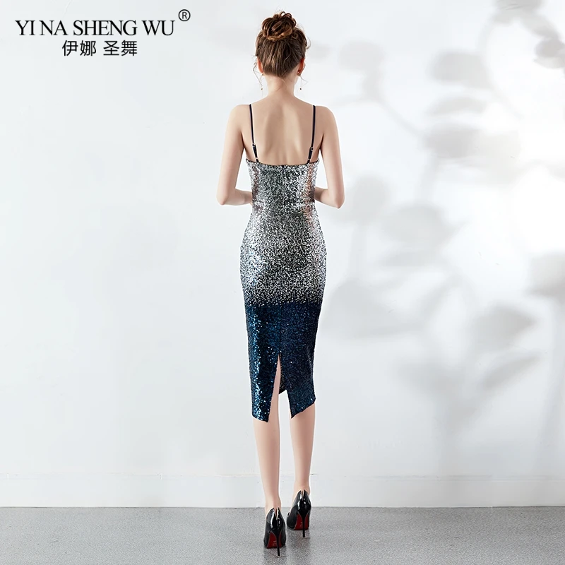 New Evening Gown Knee Length Sequin Backless Straps V-neck Vestito Cerimonia Donna Dress Women Sexy Sling Sequin Party Dress