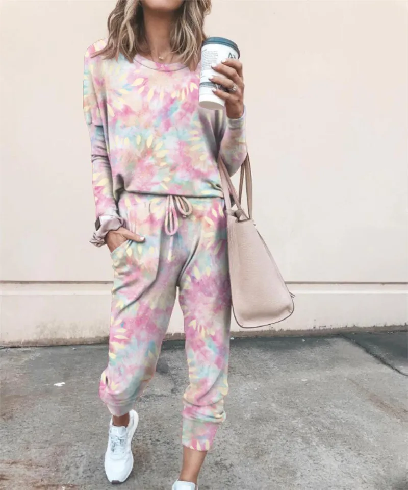 two piece skirt and top Leosoxs Spring Autumn Fashion Casual Long Sleeve O Neck Pullover Print Women's Two Piece Suit Elastic Waist Pocket Full Length two piece skirt and top