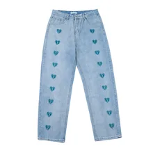Pantalones vaqueros holgados de Estilo Vintage para hombre, Jeans rectos de estilo Hip Hop, con estampado completo de amor, moda coreana, 2021