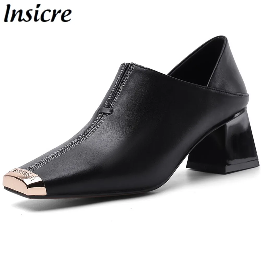 

Insicre 2020 Spring Fashion Cow Leather Women Pumps Thick Heel Square Metal Toe Mules Black Mid Heels Real Leather Slip On