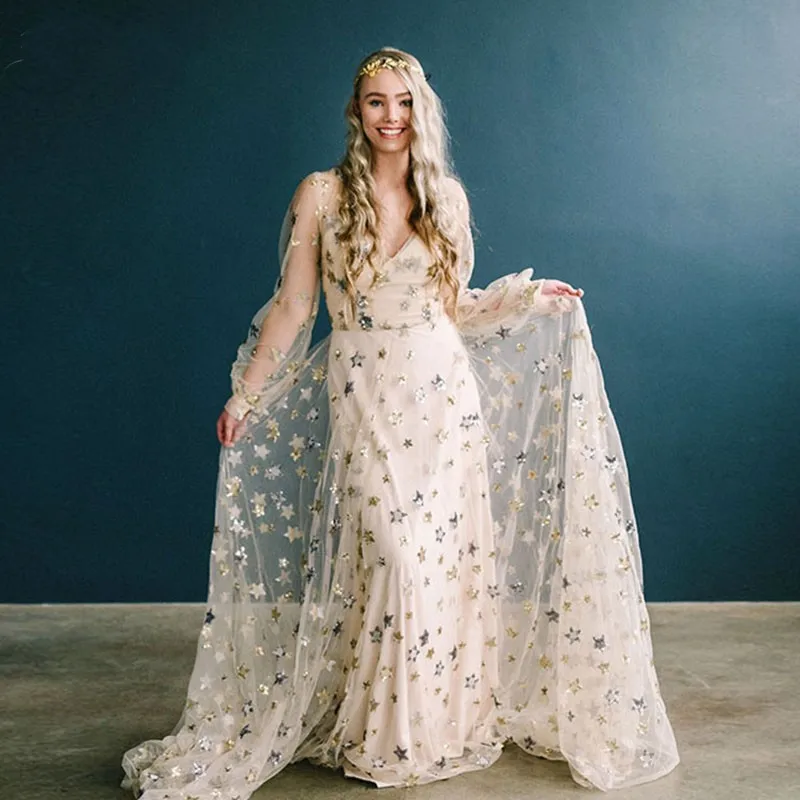 

Romantic Star Sequined Beach Wedding Dress 2020 Champagne Beach Bridal Gowns Vintage Long Lantern sleeve Vestido De Noiva